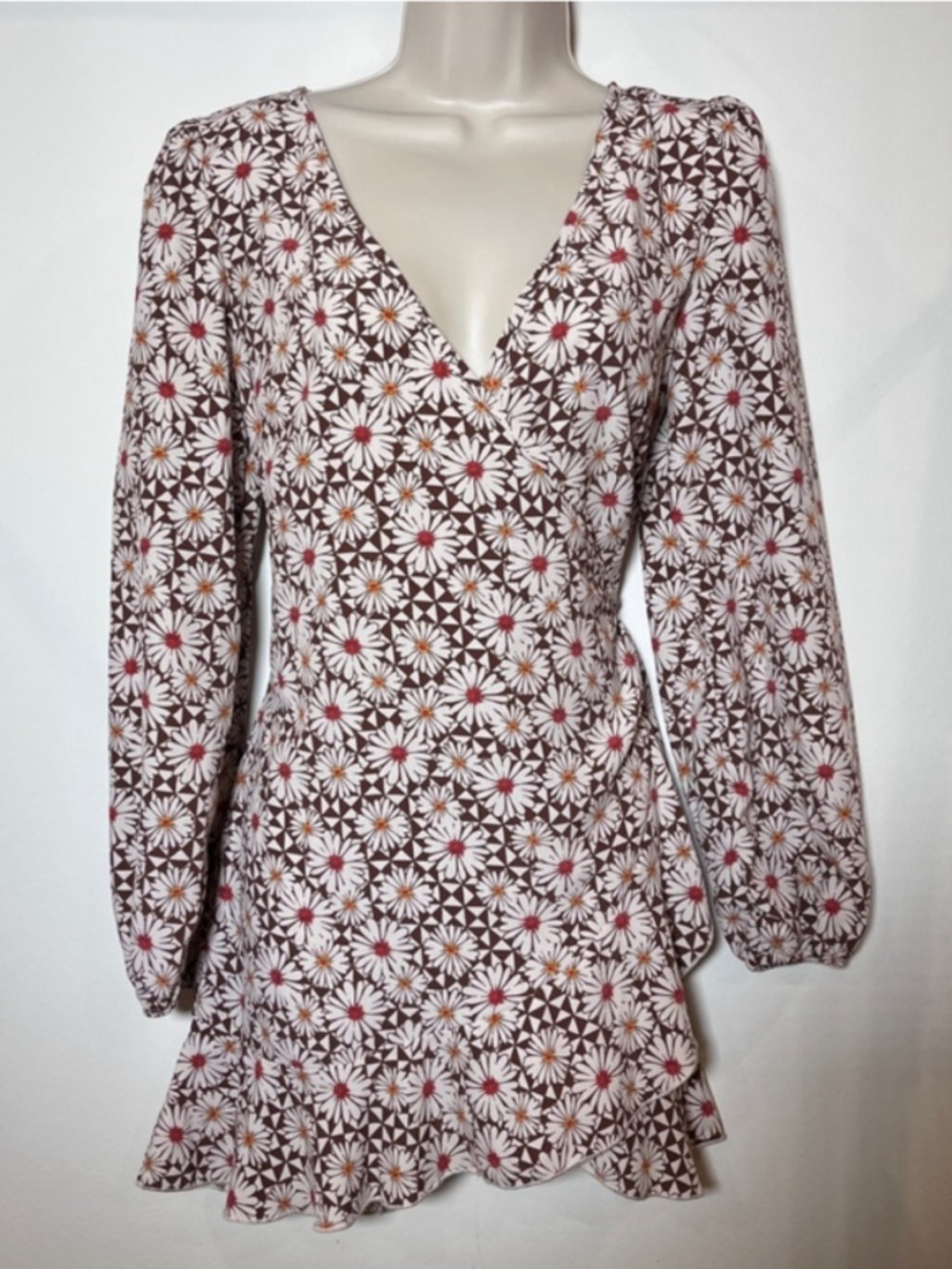 Boho Indie Folk Hippie Dress Floral V-Neck Mini Long Sleeve Flowy Medium
